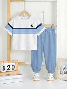 2pcs Baby Boys Casual Cowboy Loose Comfortable Short Sleeve T-Shirt And Pants Set Suitable For Spring Summer Holiday Evening Navy Blue Powder Blue - Multicolor - View 3