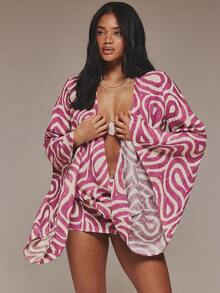 MUSERA Print Extreme Cowl Front Long Sleeve Textured Patterned Crochet Striped Mini Dress Boho Beach Festival Spring Summer Holiday Night Out Date Night - Pink - View 4