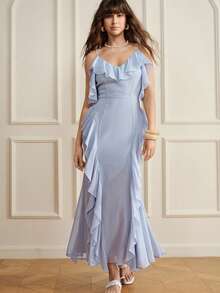 Revavyn Long Dress Slim Fit High Waist Chiffon Spaghetti Straps V Neck Draped Ruffles Elegant Romantic Blue Plain Elegant Dresses For Party Summer Holiday - Blue - View 5