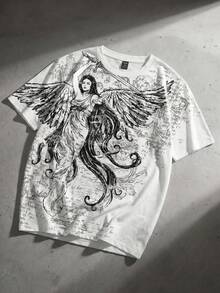 ROMWE MEN Goth Men's Printed Loose Fit Short Sleeve T-Shirt - White - View 4