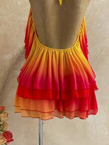 Soleia Women's Casual Boho Vacation Sunset Gradient Print Mini Dress, Beach, Cruise, Road Trip, City, Holiday, Date, Afternoon Tea, Bohemian, Red Orange - Burnt Orange - View 6