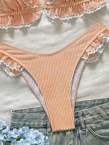 Swim Mod Girl's Special Fabric Striped Ruffle Triangle Bikini Top And V-Cut Flounce Triangle Bottom 2-Piece Set - Orange - View 5
