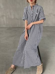 FRIFUL Women's Summer New Plaid Embroidery Print Pleated Loose Casual Versatile Long Dress Sundress - Black and White - View 5