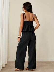 SHEIN PETITE Women's Summer Casual Solid Color Camisole Top Long Pants 2 Pieces Set Vacation Black - Black - View 2