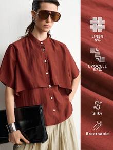 Aalyst French Style High-End Stand Collar Single-Breasted Design Short Sleeve Red-Brown Shirt Loose Fit Elegant Slimming Top - Rust Brown - View 8