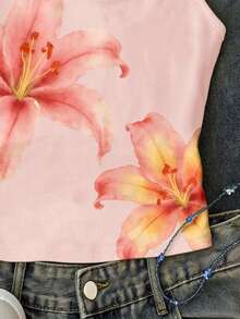 Top de tirantes largo blanco con cuello halter, estampado floral rosa vintage lindo y femenino, ajuste ceñido, estilo Y2K, atuendo de verano para vacaciones de niñas preadolescentes - Blanco - Ver 5