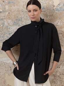 KÆRIA Hus Women's Solid Color Tie Neck Long Sleeve Casual Minimalist Elegant Shirt - 3/4 Sleeve, Textured, Flowing, Ruched - Autumn/ Office Black - Black - View 2