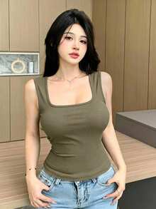 DAZY Women's Wide Strap Padded Tank Top, Versatile Base Layer For All Seasons - Army Green - View 6