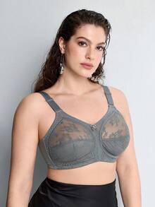 Slumbrini Women's Lightweight Daily Bra, Plus Size Full Coverage Wireless Lace Breathable Seamless Bra, Lift & Support - Grey - View 8