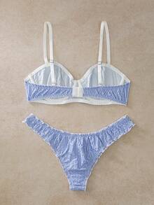 EverLounge 2 Stücke Damen-Wäscheset mit gestreiftem 3/4-Cup, Bügel, geformtem Cup, Push-up-Support, Spitzenbesatz und Schleife - Blau - Übersicht 2