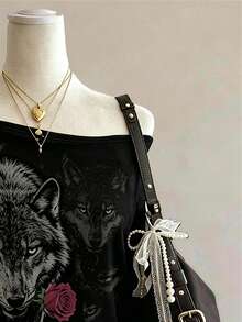 Lalippa Wolf Pattern Print Fashion Minimalist Women's Round Neck T-Shirt Friend's Gift - Black - View 3