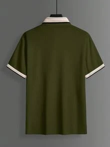 Calvornis Men's Ribbed Collar Embroidered Short Sleeve Casual Polo Shirt - Army Green - View 6