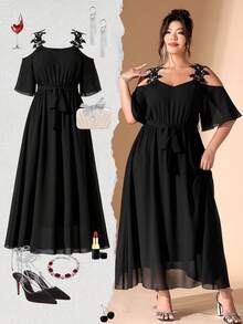 Cravure 1pc Lace Patchwork Sweetheart Neck Cold Shoulder Ruffle Hem Cinched Waist A-Line Midi Dress, Fashionable & Elegant, Suitable For Spring/Summer, Plus Size - Black - View 6