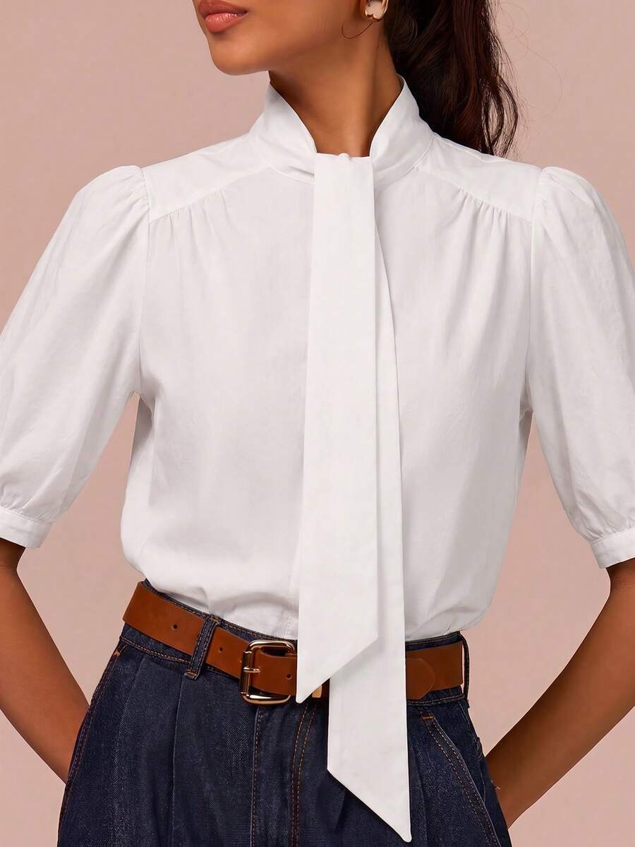 COSMINA Women's High Neck Tie Short Sleeve White Blouse Teachers' Day Office Work Summer Elegant French - White - View 1