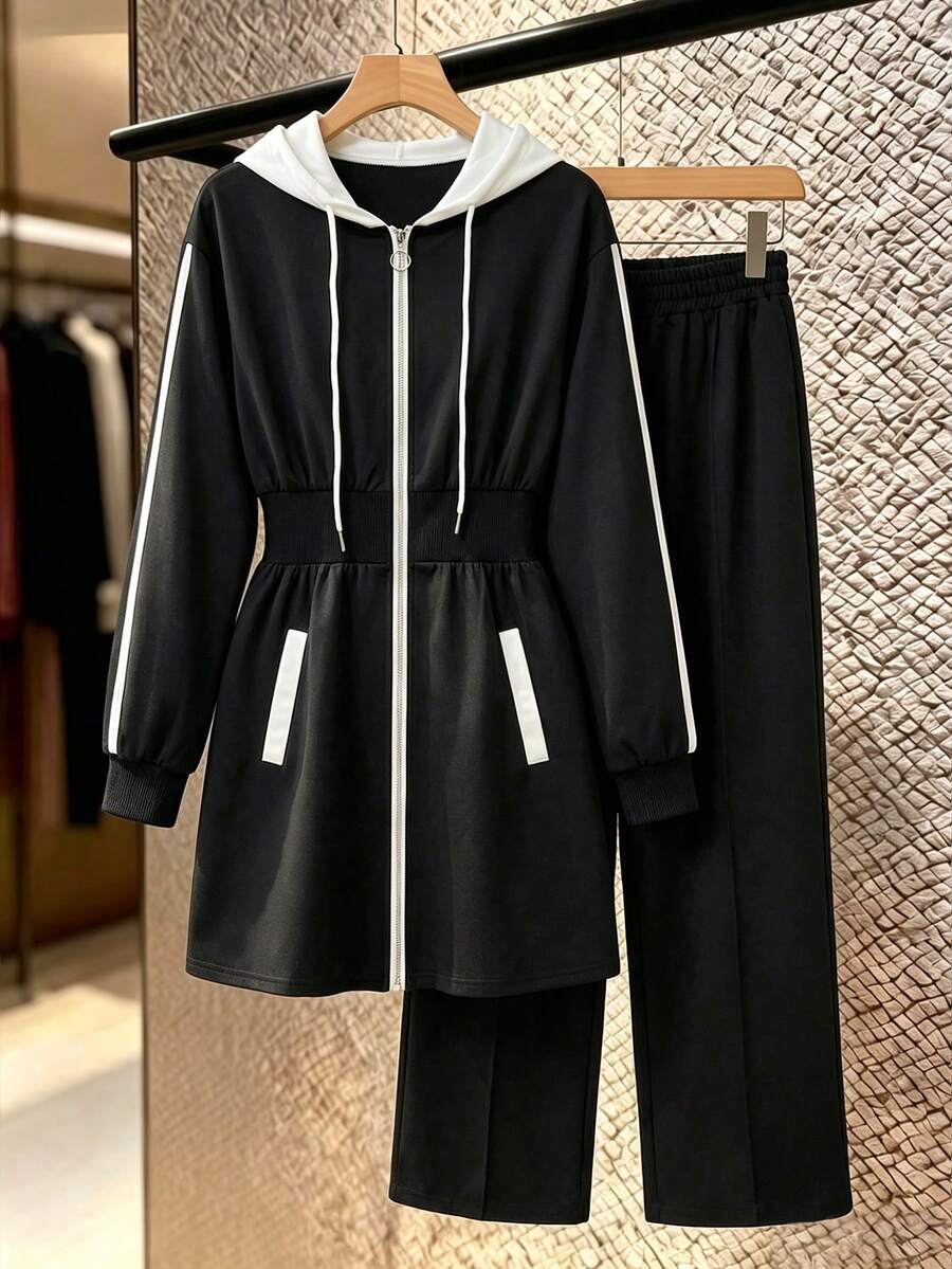 Modelyn 女款 2 件套修身拉鍊連帽休閒長袖時尚外套與休閒長褲,秋冬款 - 彩色 - 查看 1