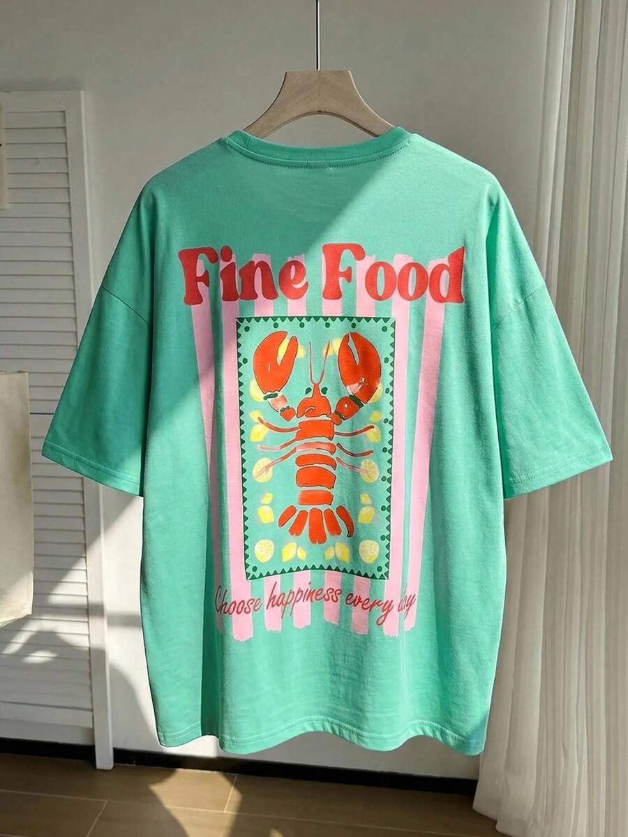 Comfortcana Oversize T-Shirts Casual Minimalist Shrimp Pattern Crew Neck Short Sleeve Ultra Loose Plus Size T-Shirt, Beach Holiday Vacation Mint Green Summer - Green - View 1