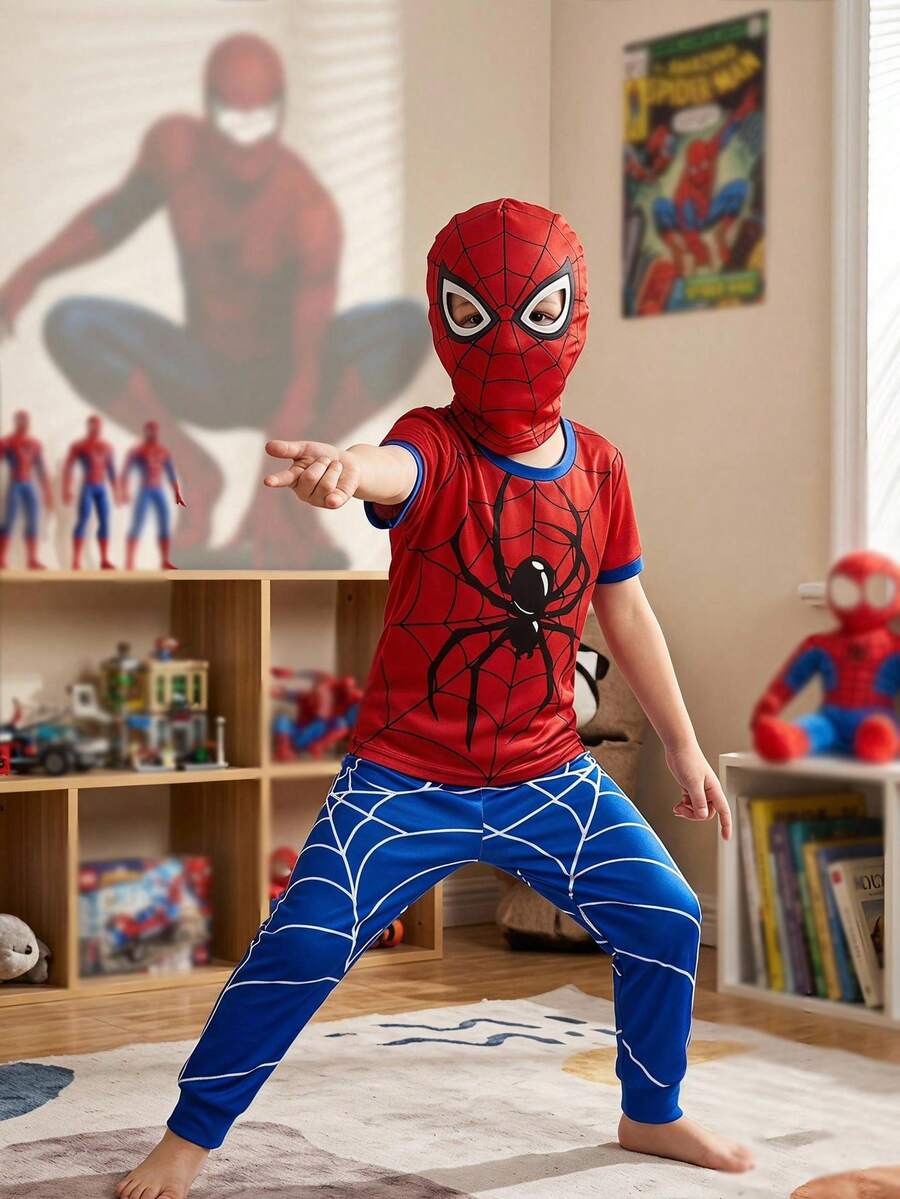 SHEIN Young Boy Casual Simple Slim Fit Comfortable Crew Neck Short Sleeve Long Pants Tight Home Wear Suitable For Spring And Summer, Classic Handsome Spider Web, Spider Hero Character Pattern Print - Multicolor - View 1