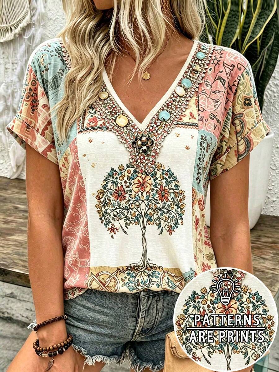 Selamara Camiseta Plus Size Estilo Boêmio Rosa e Marrom com Bordado Falso Floral, Decote em V, Manga Curta Casual para Férias de Verão - Multicolorido - Visão 1