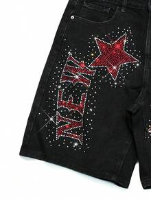 Manfinity EMRG Men's Hip-Hop Street Style Star Rhinestone Club Washed Black Denim Shorts - Black - View 4