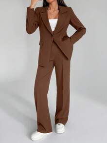 EURMUSE Conjunto de dos piezas de mujer de unicolor, chaqueta tipo blazer y pantalones - Café integral - Ver 5