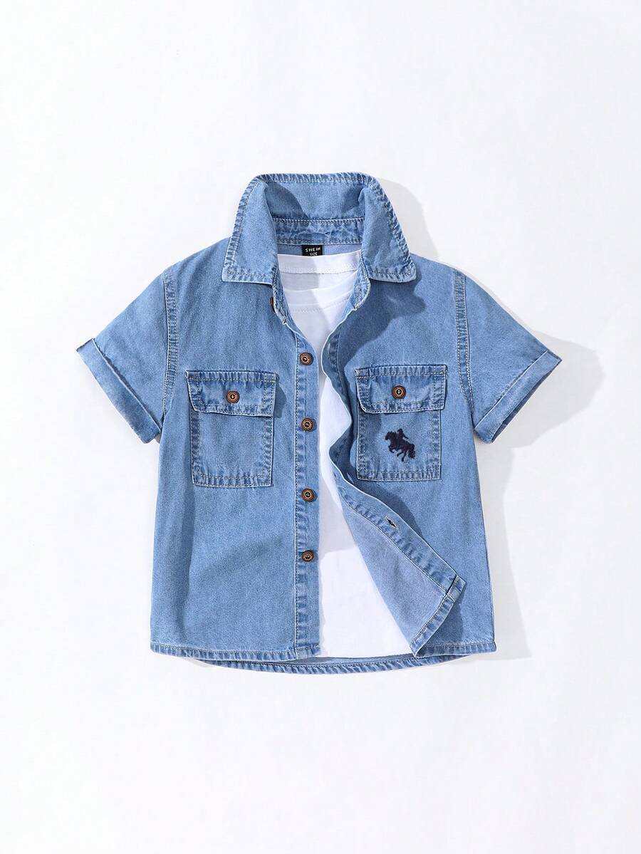 SHEIN Explorewe Denimly West Wild 學院風戶外風男童翻蓋貼袋牛仔水洗藍短袖襯衫