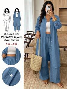 SHEIN CURVE+ 大尺碼女款單排扣素色長袖開襟外套與長褲休閒日常2件套 - 藍色 - 查看 9