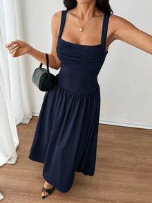 SHEIN PETITE Women's Elegant Solid Color Navy Blue Square Collar Flared Dress, Spring/Summer Date Night - Navy Blue - View 4