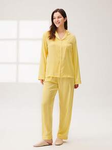 LUVLETTE Yellow Silky Satin Retro Floral Polka Dot Button-Up Top & Pants Pajama Set Pants With Pockets Long Sleeve Sets For Women - Yellow - View 4