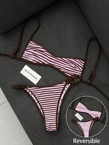 Swim Mod 女款海灘裝復古圓點印花條紋印花可正反穿著微型比基尼抹胸式時尚休閒度假性感甜美可愛復古優雅泳衣兩件套 - 彩色 - 查看 4