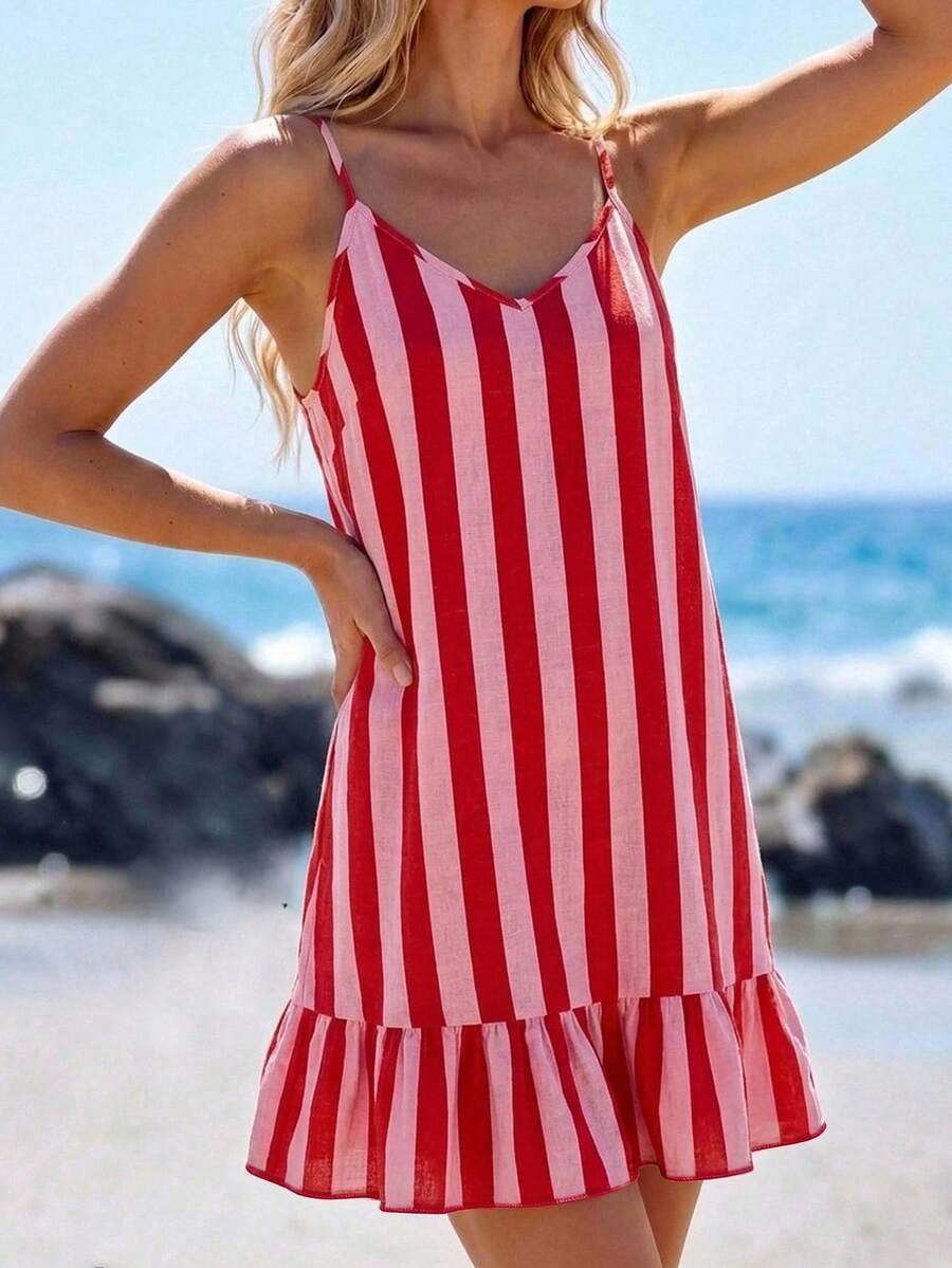SHEIN LUNE 女款休閒度假迷你荷葉邊細肩帶洋裝，夏季服飾，彩色條紋優雅外出海灘裝街頭風，日常通勤 - 彩色 - 查看 1