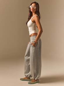Athîral Women's Loose Fit Drawstring Cuffed Pocket Jogger Pants - Grey - View 4