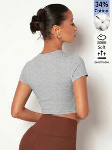 SHEIN BASICS 女款純色修身短版圓領T恤上衣 淺灰色 短版上衣 適合校園日常 夏季休閒 基本款 健身 - 淺灰色 - 查看 6