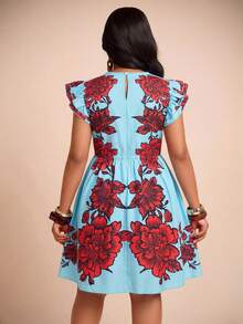 Brilight Blue Base Red Floral Print Ruffle Cap Sleeve Round Neck A Line Mini Dress Flowy Waisted Dress For Vacation Brunch Holiday Party Outfit - Blue - View 2