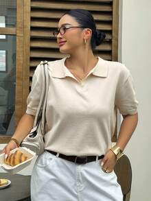 Dazy Plus 趣味通勤拼接撞色 Polo 領休閒短袖大尺碼女款春夏針織上衣 - 杏色 - 查看 6