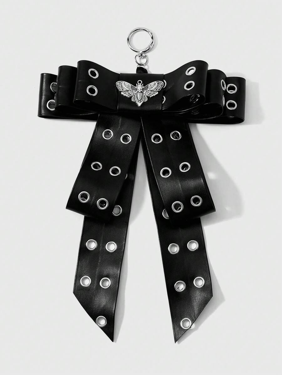 ROMWE Goth 1 buah Gantungan Kunci/Liontin DIY Gaya Punk Gelap Kulit Hitam Mengkilap dengan Lubang Tali, Buatan Tangan, Kompleks, Berlapis-lapis, Motif Wajah Hantu dan Ngengat untuk Dekorasi Halloween - Hitam-38 - View 1