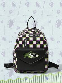 Beetlejuice X ROMWE Retro Punk Ladies Fashion Backpack, Lightweight Mini Durable Compact Backpack, Suitable For Back-To-School And Travel. Checkerboard, Snake Pattern - checkerboard - View 1