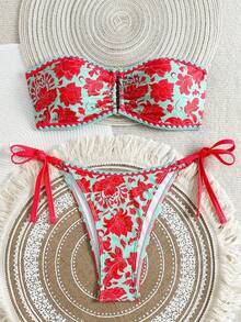 SHEIN Swim 女士花卉印花抹胸比基尼套装，度假海滩比基尼套装 - 彩色 - 查看 1