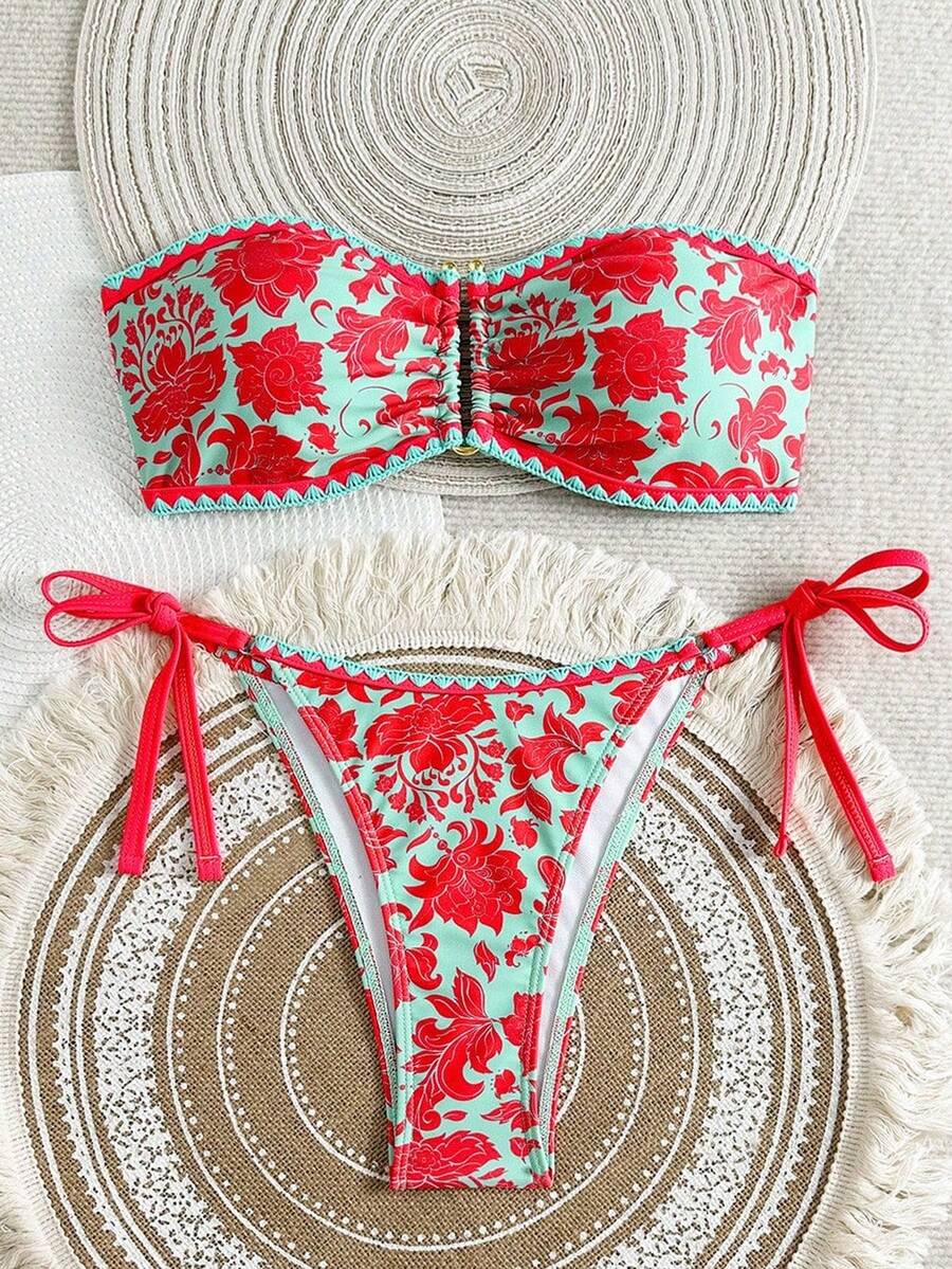 SHEIN Swim 女士花卉印花抹胸比基尼套装,度假海滩比基尼套装 - 彩色 - 查看 1