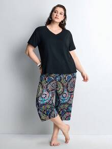 Slumbrini 加大码女式两件套短袖睡衣套装，紫色爱心图案 - 黑色 - 查看 1