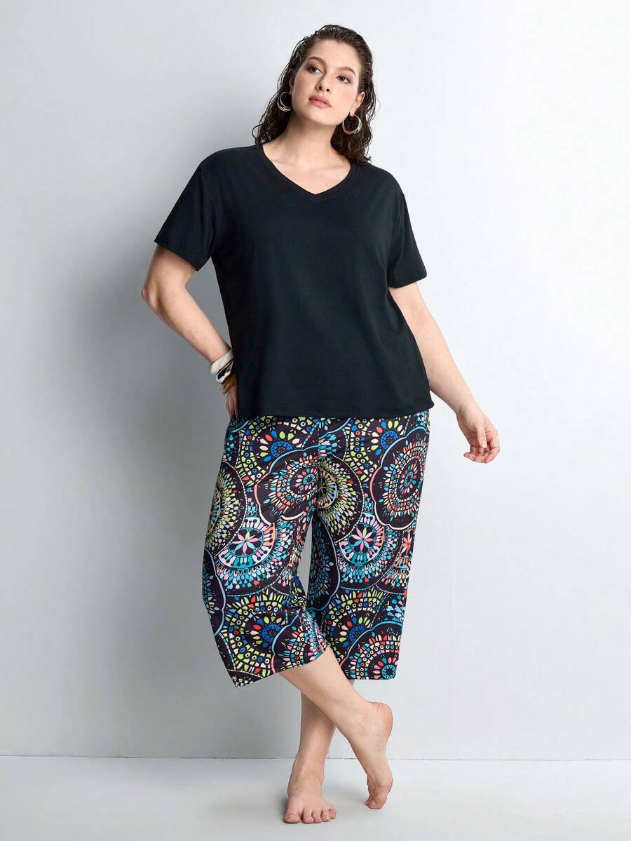 Slumbrini 加大码女式两件套短袖睡衣套装,紫色爱心图案 - 黑色 - 查看 1