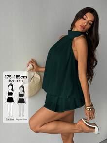 SHEIN Tall 女款優雅淡黃色掛脖綁帶迷你洋裝，派對約會穿搭，適合秋冬/春夏 - 墨綠色 - 查看 8