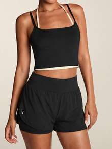 SHEIN BAE Wideband Waist Dolphin Hem Sports Shorts Stretchy Shorts Sweater Shorts - Black - View 4