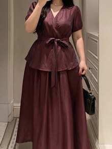 Dazy Plus Spring/Summer Women's Elegant Solid Color V-Neck Belted Shirt & A-Line Skirt 2-Piece Set, Plus Size - Burgundy - View 4
