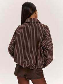 SHEIN BAE 女款條紋落肩長袖休閒夾克 - 咖啡棕 - 查看 2