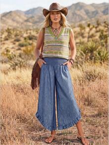 Wildy BOHO Casual Western Country Green And Pink Color Block V-Neck Knit Top, Versatile Summer Everyday Wear Holiday Vacation Green And White Outfit Women - Multicolor - View 3