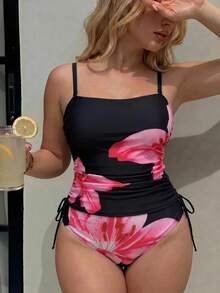 SHEIN Swim Curve 2-delad elegant casual badklädsel i tank-modell med slumpmässigt mönster för kvinnor i plus size - Svart - Visa 5