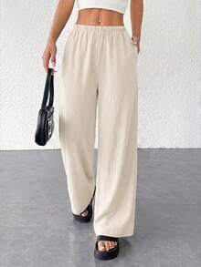 SHEIN PETITE Pantalones anchos sueltos de textura simple para mujer - Albaricoque - Ver 5