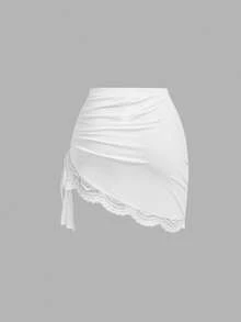 SHEIN MOD 女款蕾絲針織不對稱單肩裙與無袖打結上衣 T-shirt 兩件套 - 白色 - 查看 5