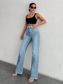 EURMUSE 99%Cotton Zipper Fly Straight Leg Jeans - Light Wash - View 5