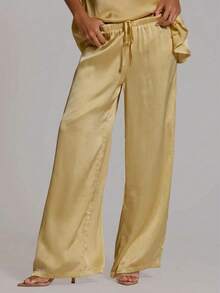 MUSERA Wide Leg Drawstring Linen Look Trousers Only Summer Holiday Vacation Beach Night Party Club Sexy Casual Classy Elegant Gold - Pale Yellow - View 2